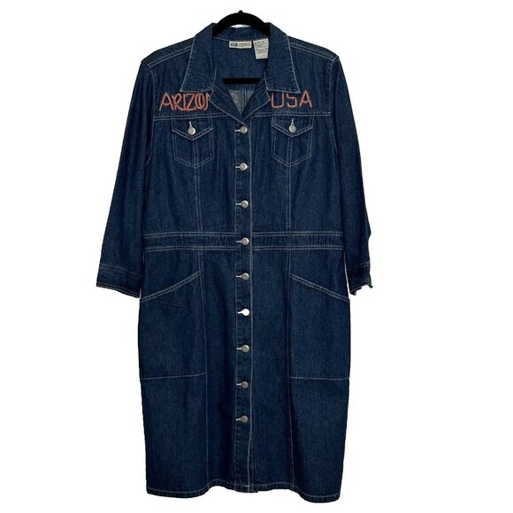 Vintage Faded Glory Women's Size L Blue Denim 3/4 Sleeve Button Embroidery Dress - Picture 1 of 9